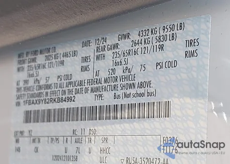 2024 Ford Transit-350 Passenger Van Xl from USA, damaged, VIN 1FBAX9Y82RKB84992